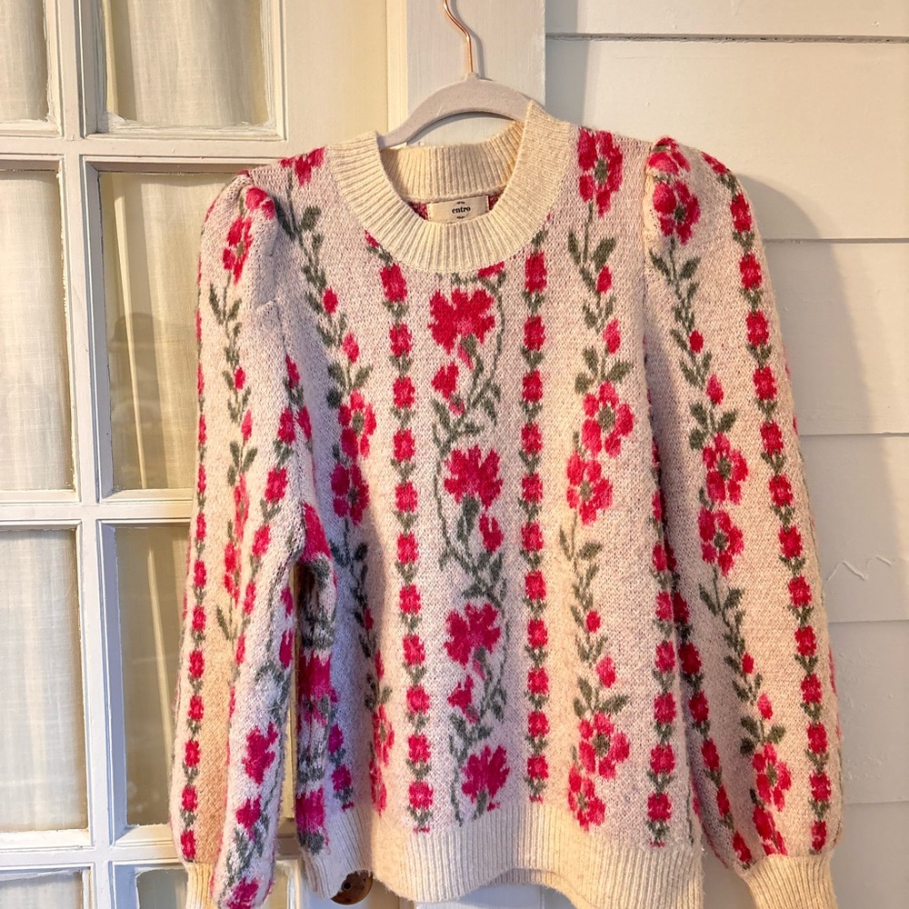 Entro Boutique Floral Knit Sweater - Pink and Cream